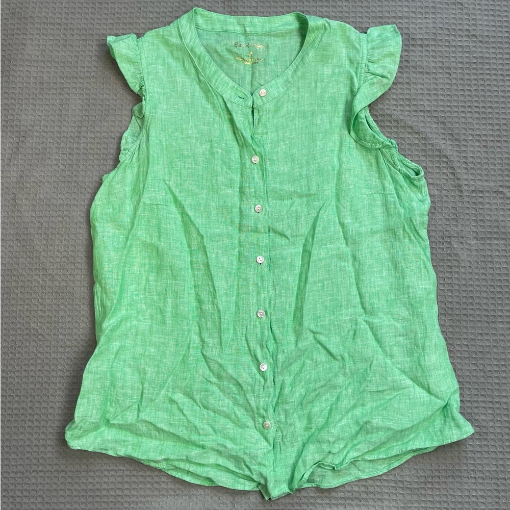 Lilly Pulitzer Briette 100% Linen Blouse Top Medium Womens Green Ruffle